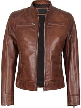 Women’s Cognac Genuine Lambskin Leather Cafe Racer Motorcycle Jacket